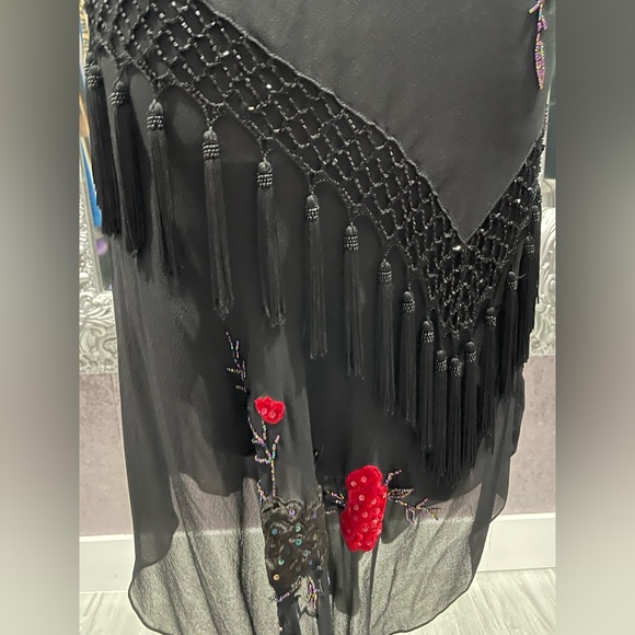 Vintage Cache Floral Embroidered Tassel Beaded Silk Fringe Dress - Picture 3 of 10